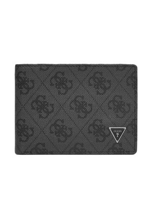 Portafoglio Guess nero con motivo testurizzato caratterizzato da loghi ripetuti e un piccolo logo metallico triangolare Guess nell'angolo in basso a destra.
