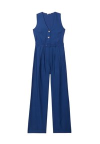 Giocattolo blu senza maniche con scollatura a V, dettagli con bottoni, vita con cintura, gambe ampie plissettate e una texture di tessuto liscia.