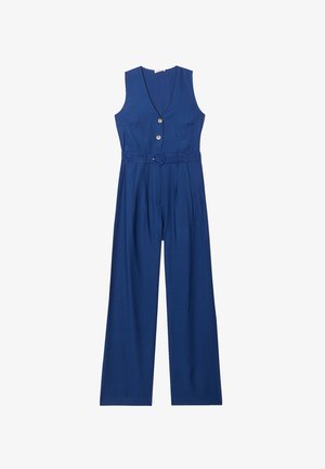Mono sin mangas azul con escote en V, detalles de botones, cintura ceñida con cinturón, piernas anchas con plisados y una textura de tela suave.