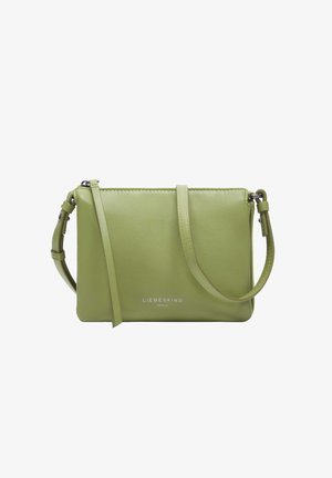 Grüne Umhängetasche aus Leder mit verstellbarem Riemen, silbernem Reißverschluss und "Liebeskind Berlin" Logo auf der Vorderseite.