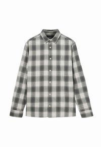 Kostkovaná košile v šedé a bílé barvě, vyrobená z látky s jemnou texturou. Má límec, dlouhé rukávy a zapínání na knoflíky.