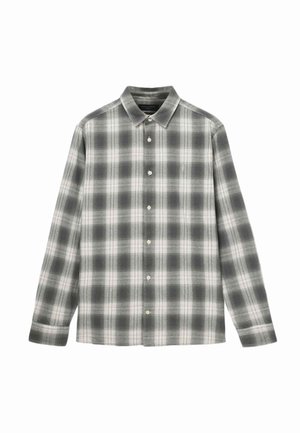 Karierte Hemd in Grau und Weiß, hergestellt aus Stoff mit weicher Textur. Verfügt über einen Kragen, lange Ärmel und eine Knopfleiste.