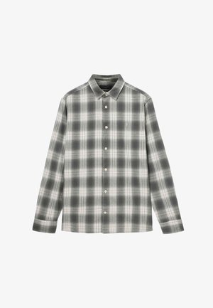 Camicia a quadri grigia e bianca, realizzata con tessuto dalla texture morbida. Presenta un colletto, maniche lunghe e chiusura con bottoni.