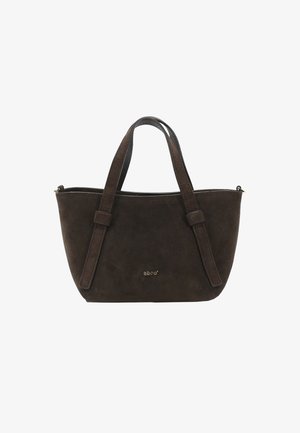 Brown suede handbag with dual top handles, smooth texture, zip closure, and subtle gold logo detail on the front. Compact and structured design.