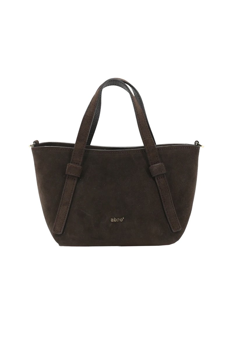 Sac à main en suède marron avec poignées supérieures doubles, texture lisse, fermeture zippée et discret détail du logo doré sur le devant. Design compact et structuré.