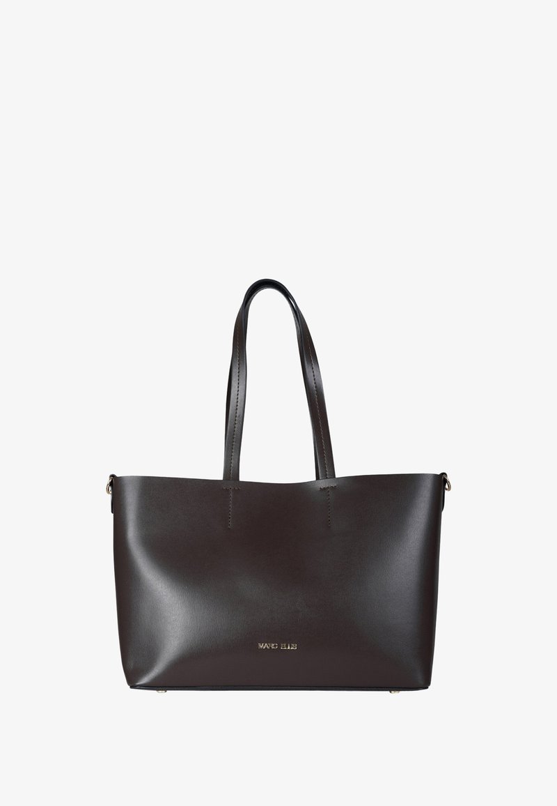 Borsa tote in pelle marrone scuro con due manici a spalla e piccolo logo del marchio dorato al centro frontale.