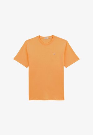 Oranje katoenen T-shirt met korte mouwen, ronde hals en een klein rond logo op de linkerborst.