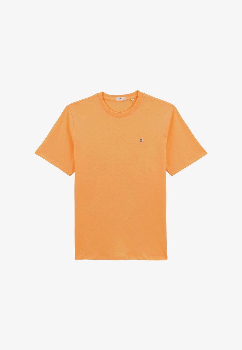 T-shirt en coton orange à manches courtes avec col rond et petit logo circulaire sur la poitrine gauche.