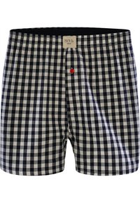 Rutiga kalsonger i marinblått och vitt bomull, med röd knappdetalj, elastisk midja och sydda sömmar.