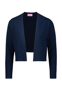 Granatowy krótki kardigan z długimi rękawami, wykonany z miękkiej tkaniny, z teksturowanym wzorem i otwartym przodem. Widoczna metka wewnątrz.