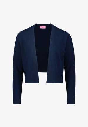 Marineblauwe cropped cardigan met lange mouwen, gemaakt van zachte stof, met een gestructureerd patroon en een open voorkant. Label zichtbaar aan de binnenkant.