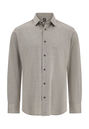 Szara, długi rękaw, koszula z guzikami, wykonana z teksturowanej tkaniny, z klasycznym kołnierzykiem i pięcioma ciemnymi guzikami z przodu.