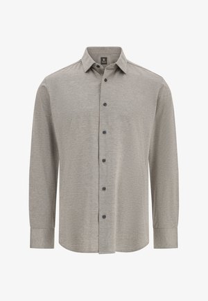 Harmaa pitkähihaisen napitettava paita, joka on valmistettu teksturoidusta kankaasta, ja siinä on klassinen kaulus sekä viisi tummaa nappia edessä.