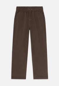Bruine corduroybroek met een elastische tailleband en trekkoord. Voorzien van twee zijzakken en een rechte pijpdesign.
