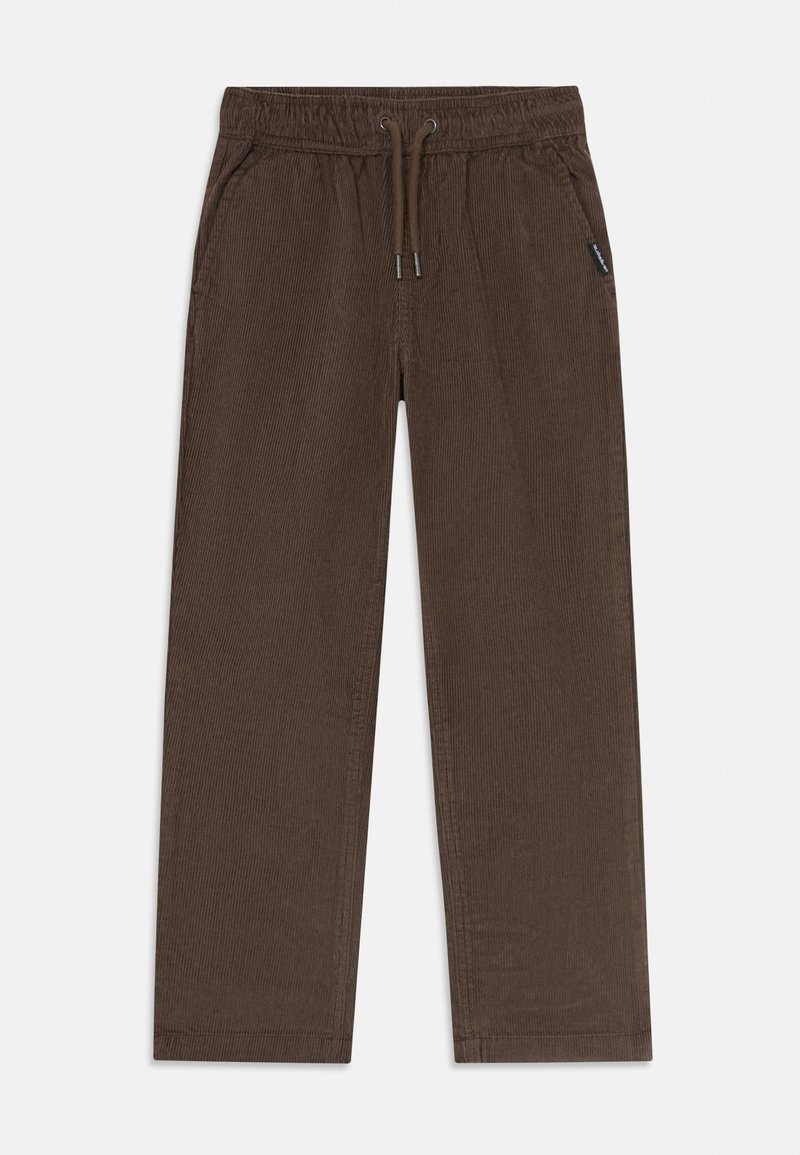 Bruine corduroybroek met een elastische tailleband en trekkoord. Voorzien van twee zijzakken en een rechte pijpdesign.