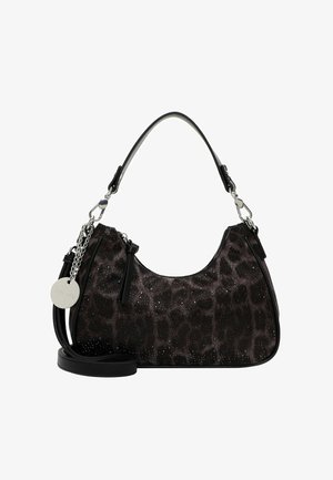 Black and gray animal print handbag with a smooth texture, glossy accents, chain hardware, and a detachable shoulder strap.