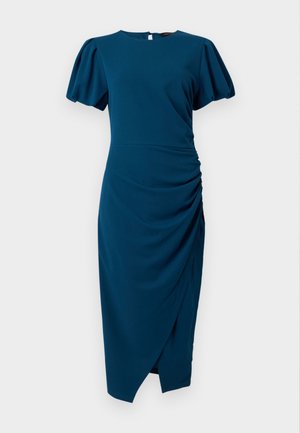 Τιρκουάζ φόρεμα μέχρι το γόνατο με φουσκωτά μανίκια, στρογγυλή λαιμόκοψη, πλάγια ρυτίδωση και ασύμμετρο στρίφωμα σε στυλ τύλιξης.