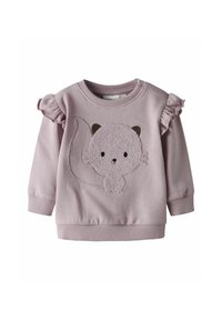 Lichtroze sweatshirt met gerimpelde mouwen, voorzien van een textuurdesign van een kat aan de voorkant. Glad stof met geribbelde boorden en zoom.