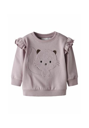 Lichtroze sweatshirt met gerimpelde mouwen, voorzien van een textuurdesign van een kat aan de voorkant. Glad stof met geribbelde boorden en zoom.