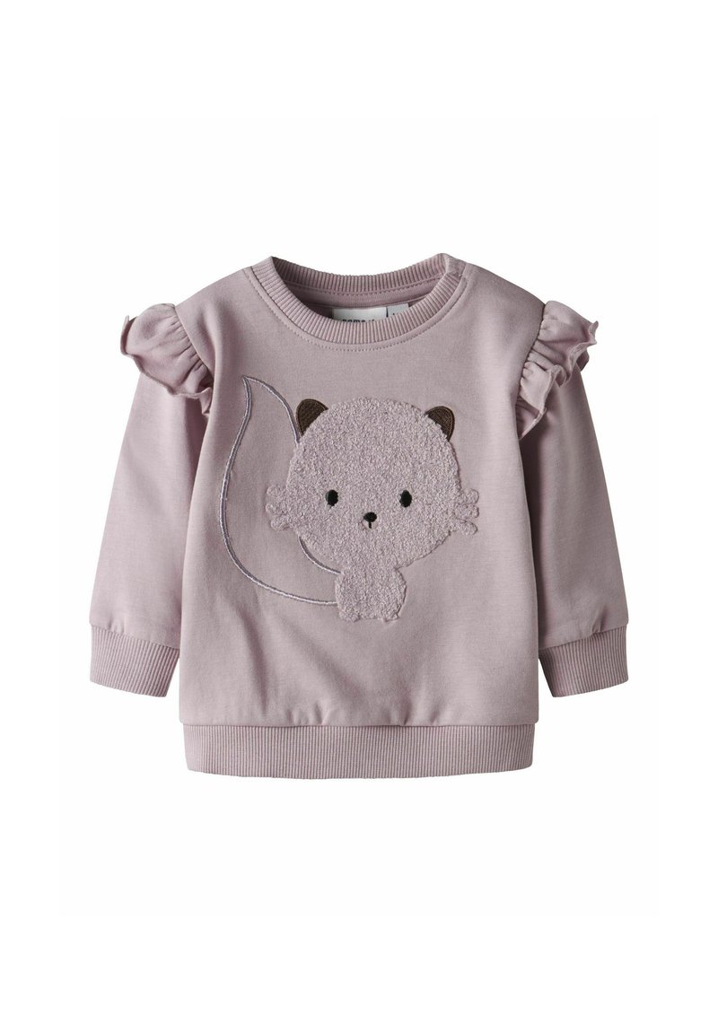 Lichtroze sweatshirt met gerimpelde mouwen, voorzien van een textuurdesign van een kat aan de voorkant. Glad stof met geribbelde boorden en zoom.