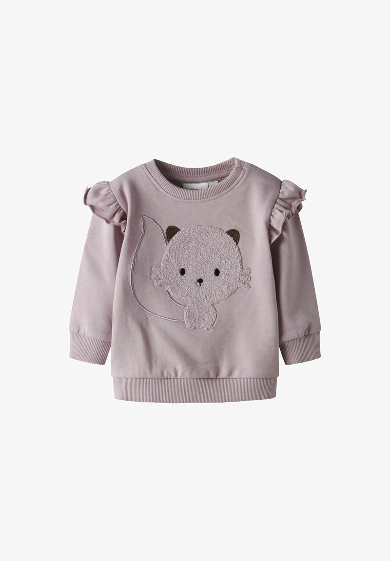 Lichtroze sweatshirt met gerimpelde mouwen, voorzien van een textuurdesign van een kat aan de voorkant. Glad stof met geribbelde boorden en zoom.