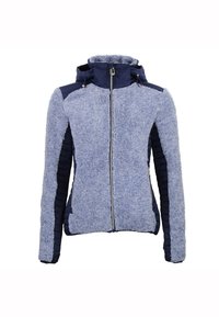 Lichtblauwe fleecejack met een ritssluiting aan de voorkant, een hoge kraag en donkerblauwe zijpanelen. Kenmerkt zich door een gestructureerd oppervlak en twee ritssluitingen zakken.