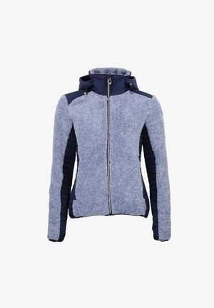 Light blue fleece jacket with a zip front, high collar, and dark blue side panels. Features a textured surface and two zippered pockets.