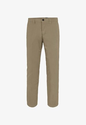 Beige rechte broek met riemlussen, knoopsluiting en een vlakke voorkant, getoond tegen een witte achtergrond.