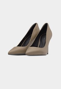 Paire d'escarpins pointus de couleur taupe avec une finition mate lisse et des semelles intérieures noires, légèrement inclinés vers la gauche.