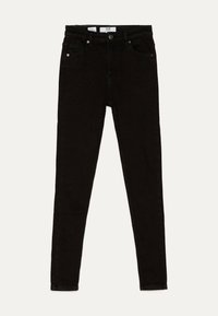 Svarta skinny jeans i denim med en slät yta, fem fickor, framknappsstängning och kontrasterande sömmar.