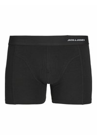 Fekete boxer sort puha anyagból, sima elasztikus derékpánttal, amelyen fehér betűkkel szerepel a "JACK & JONES" márkaneve.
