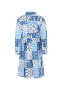 Abito blu a fantasia con un mix di design floreali e geometrici. Maniche lunghe, colletto e vita stretta con una cintura.