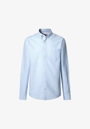 Camicia a maniche lunghe di colore azzurro chiaro con sottili strisce bianche, colletto con bottoni, taschino frontale e chiusura con bottoni. Materiale in cotone liscio.