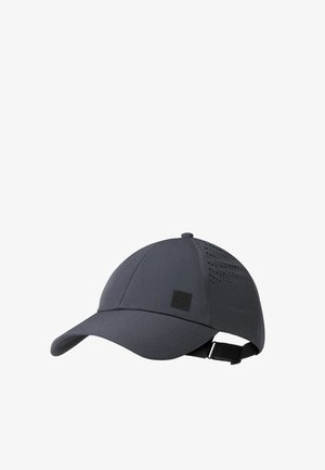 Dunkelgraue Baseballkappe mit gebogenem Schirm, Belüftungslöchern an der Seite, verstellbarem Riemen und kleinem Markenlogo auf dem Vorderteil.