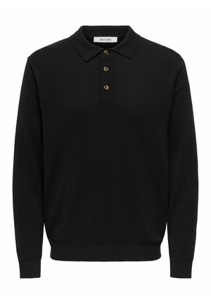 Svart langermet poloshirt laget av mykt stoff, med klassisk krage, tre knapper med gullknapper og ribbestrikkede mansjetter.