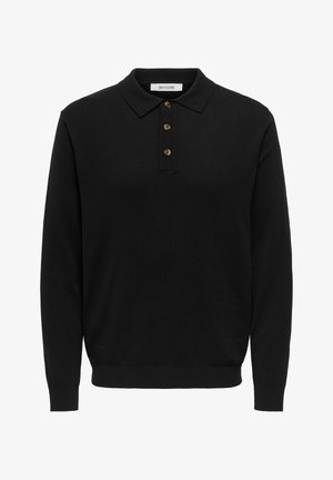 Svart langermet poloshirt laget av mykt stoff, med klassisk krage, tre knapper med gullknapper og ribbestrikkede mansjetter.
