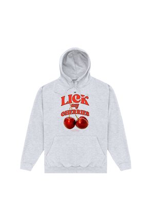 Lichtgrijze hoodie met rode tekst "LICK my CHERRIES" boven twee grote rode kersen aan de voorkant, voorzien van een voorzak en een capuchon met trekkoord.