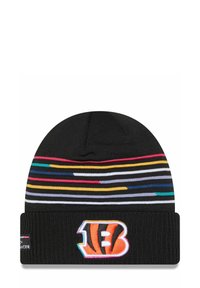 Black knit beanie with colorful horizontal stripes, featuring an embroidered orange and black logo "B" and "13" on the folded cuff.