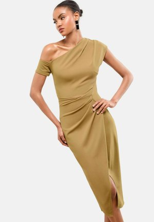 OFF THE SHOULDER GATHERED WAIST - Jersey dress - olive green