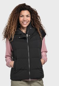 Schwarze Steppweste mit hohem Kragen, Reißverschluss vorne und Druckknöpfen. Verfügt über seitliche Taschen und ein leichtes, gestepptes Design.