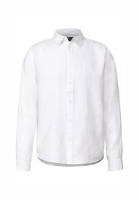 Camisa blanca de manga larga hecha de lino, con un collar abotonado, placket frontal con botones y una superficie uniforme, ligeramente texturizada.
