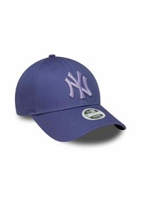 Purple baseball cap with a stitched light purple NY logo, a curved visor, and adjustable back strap, featuring ventilation eyelets.