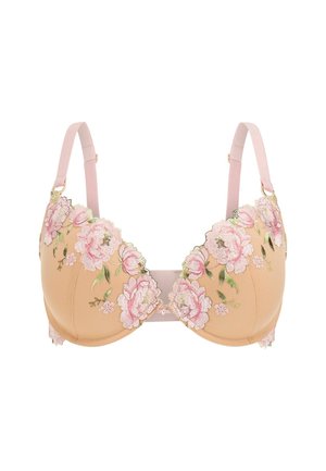 Beige beha met roze bloemenborduursels langs de cups en golvende randen. Verstelbare roze bandjes en een haaksluiting op de rug.