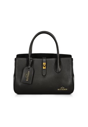 Black leather handbag with a textured finish, round handles, a gold clasp, and a detachable tag. Brand name "WITTCHEN" embossed in gold.