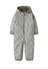 Mono gris para niños con estampados de dinosaurios, que incluye cierre de cremallera, capucha, puños elásticos y correas para los pies removibles para un ajuste seguro.