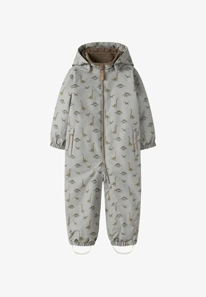 Combinaison grise pour enfants avec des imprimés de dinosaures, dotée d'une fermeture éclair, d'une capuche, de poignets élastiques et de sangles de pied amovibles pour un maintien sécurisé.