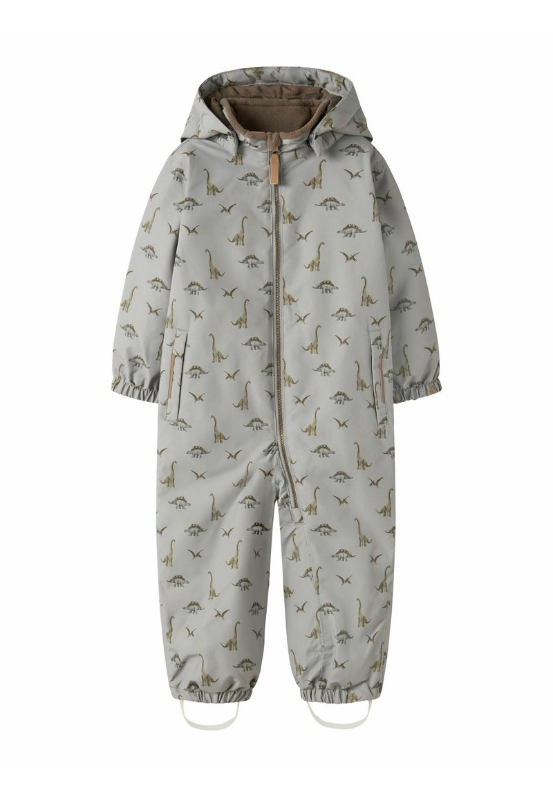 Mono gris para niños con estampados de dinosaurios, que incluye cierre de cremallera, capucha, puños elásticos y correas para los pies removibles para un ajuste seguro.