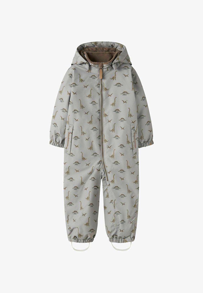 Mono gris para niños con estampados de dinosaurios, que incluye cierre de cremallera, capucha, puños elásticos y correas para los pies removibles para un ajuste seguro.