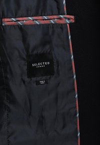 Interno di un blazer nero con una fodera liscia, dotato di un'etichetta "SELECTED HOMME" e un accento a quadri lungo il bordo in rosso, bianco e blu.