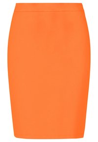 Oranssi, vartalonmyötäinen kynähame, jossa on sileä pinta. Ominaisuuksina yksinkertainen vyötärökuvio ja ei näkyviä kuvioita tai koristeluja.